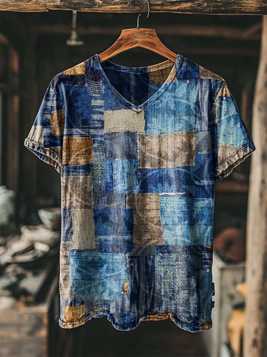 Abstract Patchwork Plaid Print Casual Short-Sleeved T-Shirt