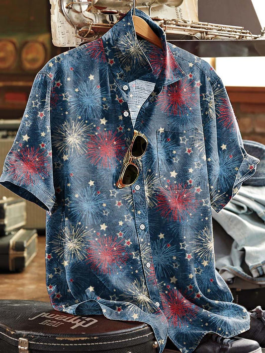 Fireworks And Starburst Distressed Print Casual Short-Sleeved Shirt