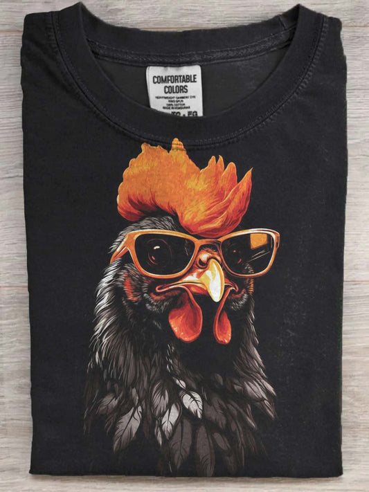 Trendy and cool rooster sunglasses print casual short-sleeved T-shirt