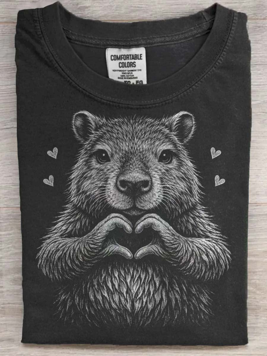 Capybara Heart Hand-Painted Print Casual Short-Sleeve T-Shirt