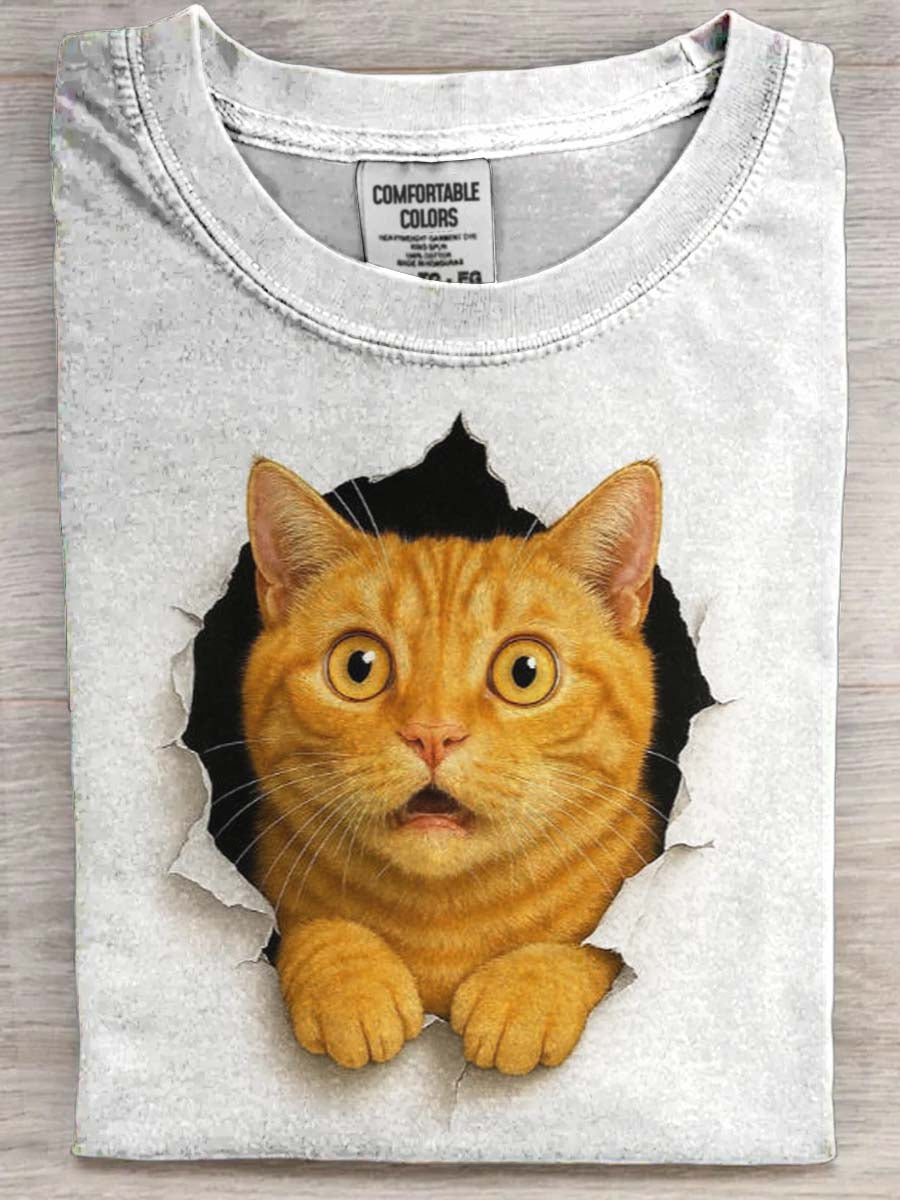Ripped Orange Cat Print Casual Short-Sleeve T-Shirt