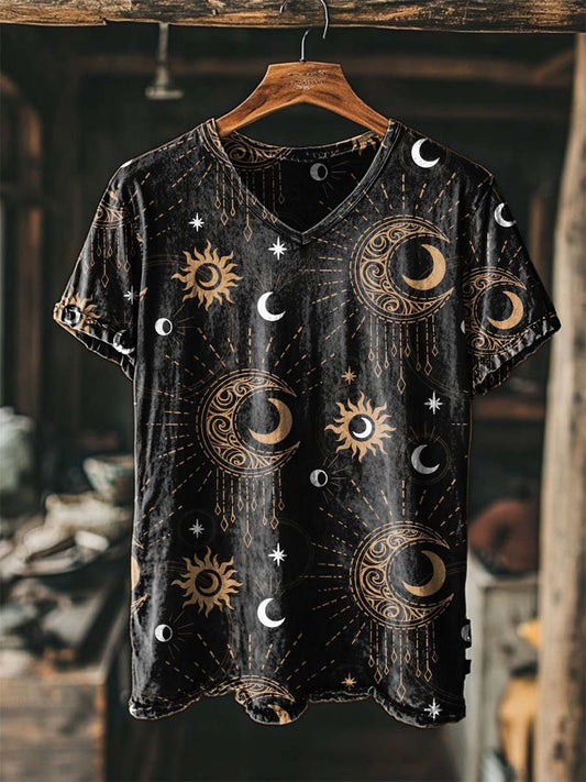 Retro-Style Sun And Moon Print Casual Short-Sleeved T-Shirt