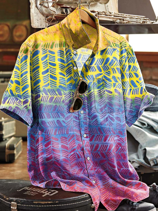 Gradient Leaf Pattern Printed Casual Short-Sleeve Shirt