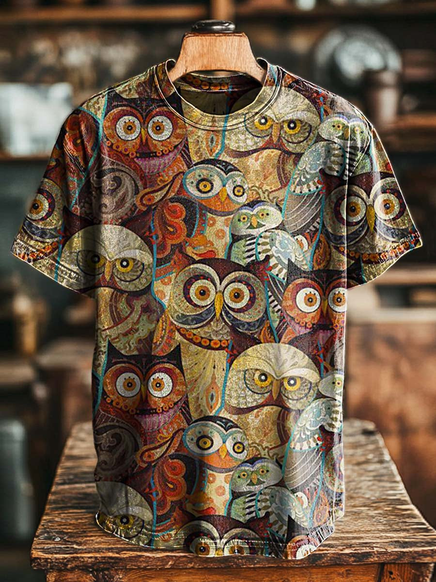 Retro Owl Print Casual Short-Sleeve T-Shirt