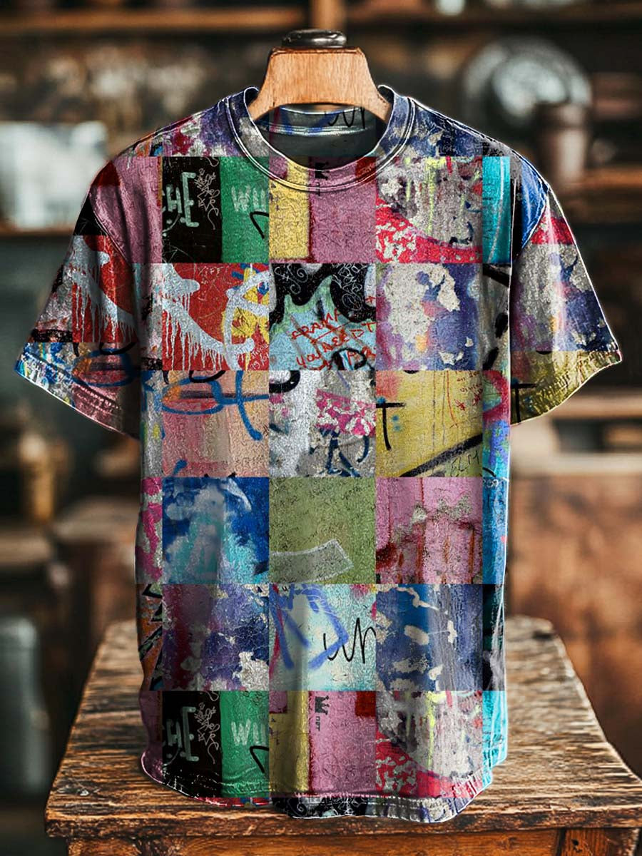 Abstract Graffiti Plaid Printed Casual Short-Sleeve T-Shirt