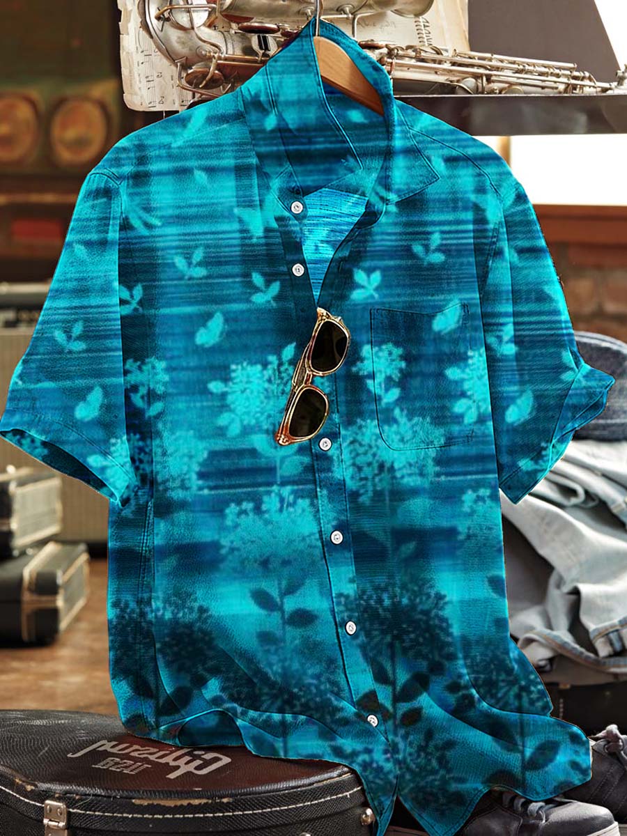 Gradient Botanical Print Casual Short-Sleeve Shirt