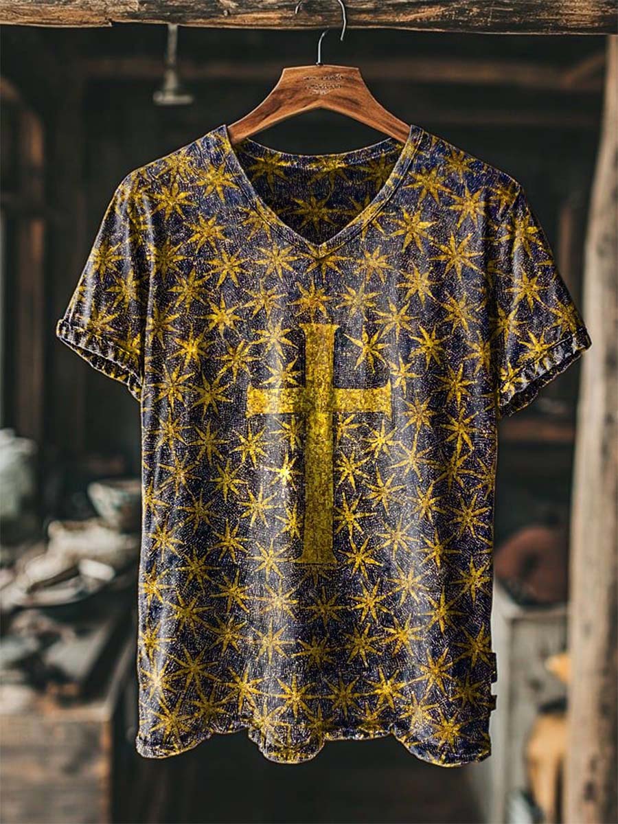Retro Cross & Starburst Print Casual Short-Sleeve T-Shirt