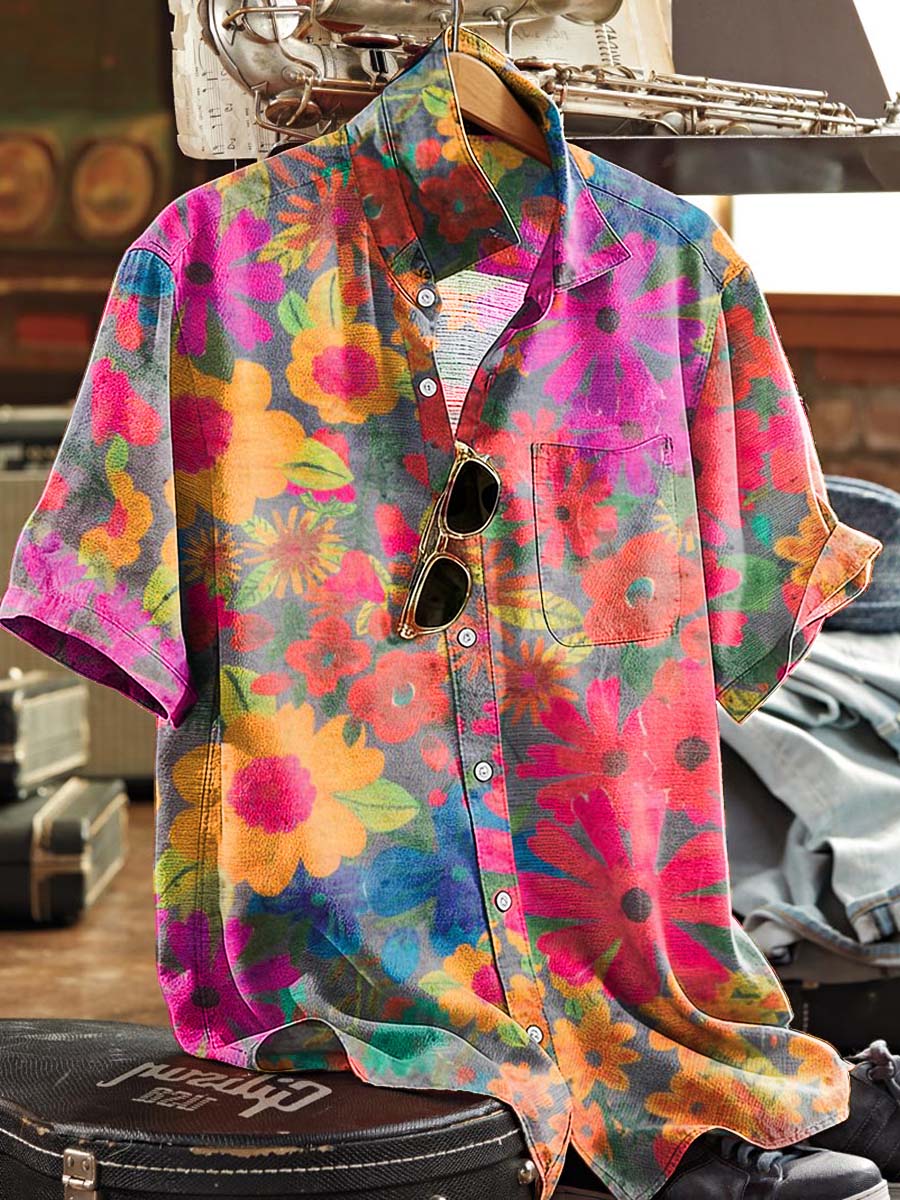 Tie-Dye Style Colorful Floral Print Casual Short-Sleeve Shirt
