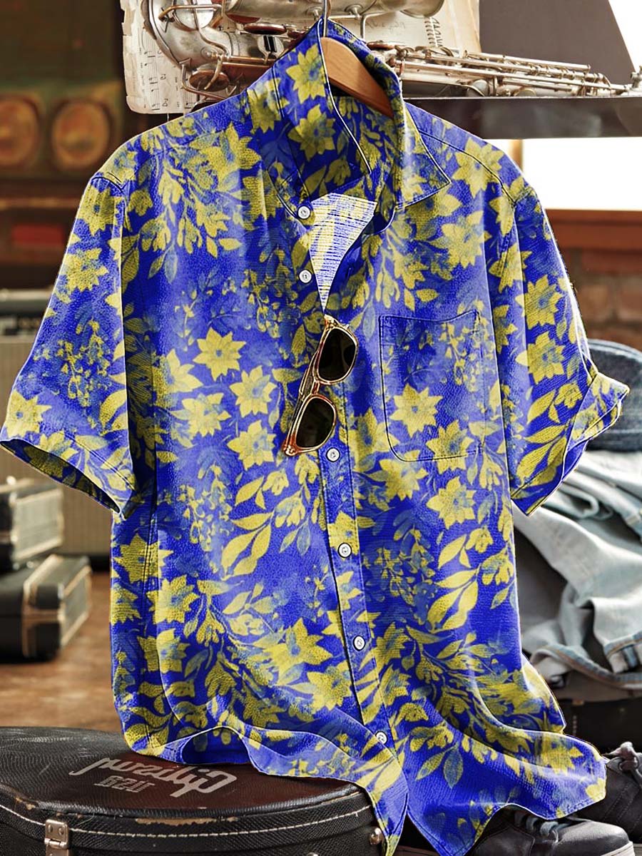 Contrast-Color Small Floral Print Casual Short-Sleeve Shirt