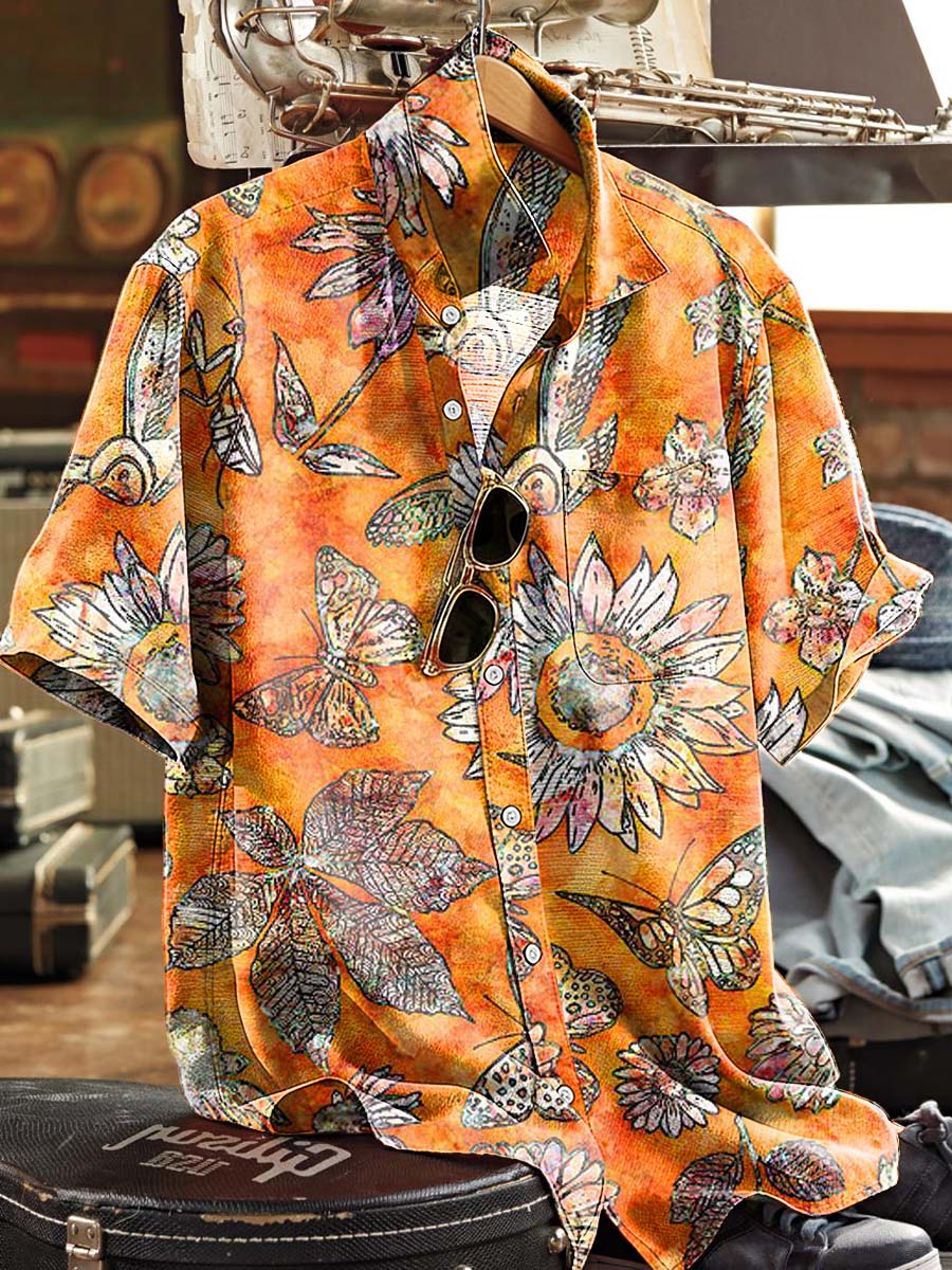 Sunflower & Insect Print Casual Short-Sleeve Shirt