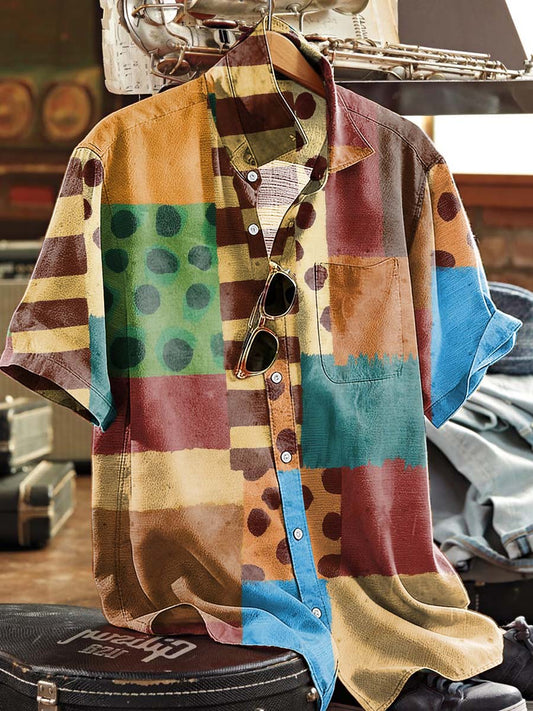 Retro Color-Block Polka Dot Printed Casual Short-Sleeve Shirt