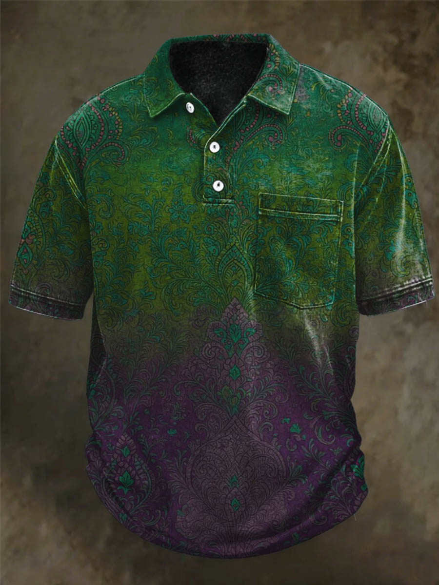 Gradient Paisley Print Casual Short-Sleeve Polo Shirt