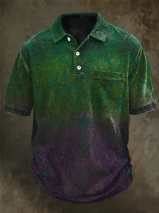 Gradient Paisley Print Casual Short-Sleeve Polo Shirt
