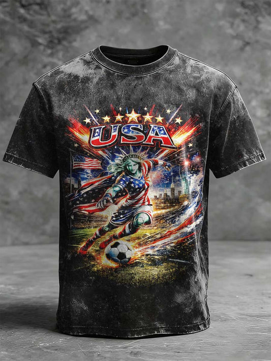 American Retro Distressed "Statue of Liberty" Print Casual Short-Sleeve T-Shirt