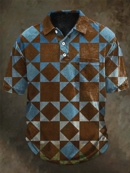 Diamond-Patterned Print Casual Short-Sleeve Polo Shirt