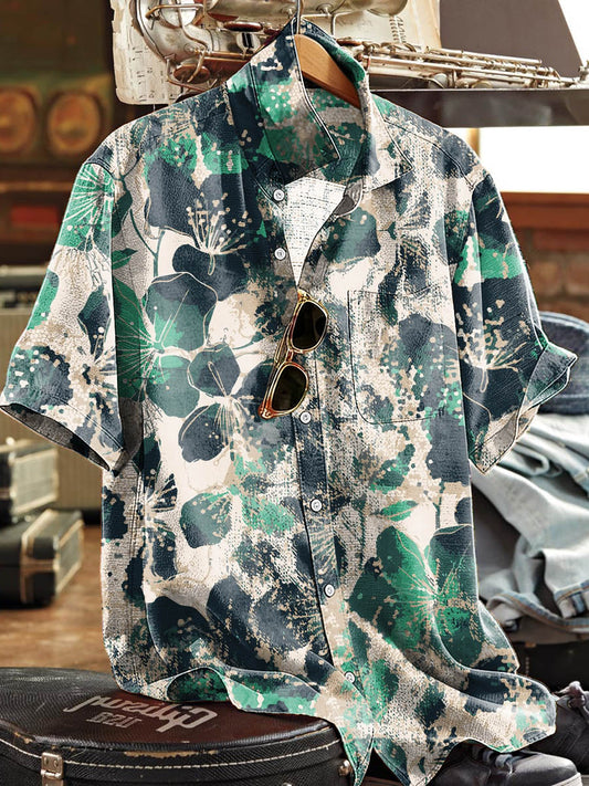 Retro Ink-Style Floral Hawaiian Print Casual Short-Sleeve Shirt