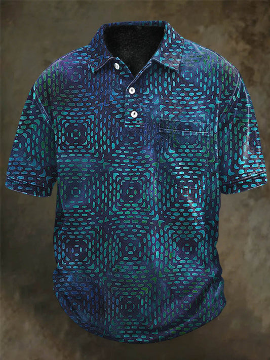 Scale-Patterned Geometric Print Casual Short-Sleeve Polo Shirt