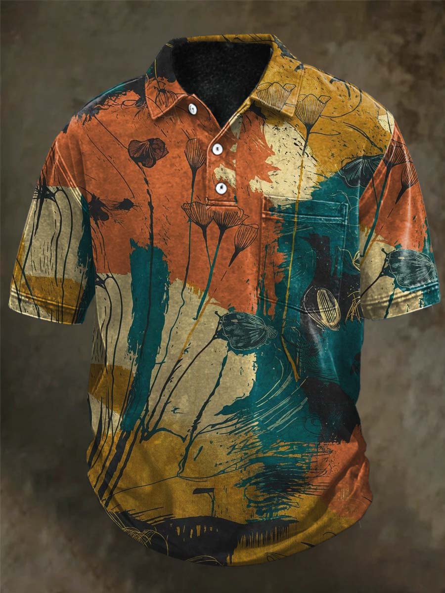 Retro Oil Painting Floral Print Casual Short-Sleeve Polo Shirt