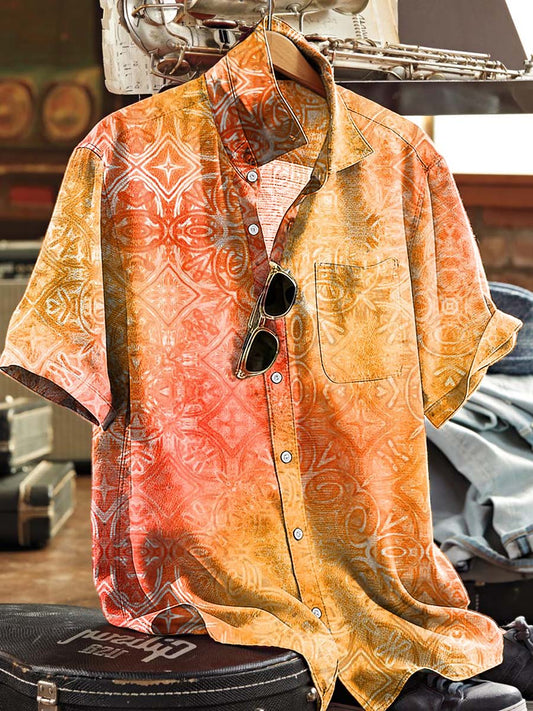 Retro Floral Tile Print Casual Short-Sleeve Shirt