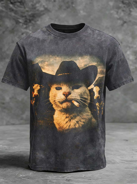 Cowboy Cat Print Casual Short-Sleeve T-Shirt