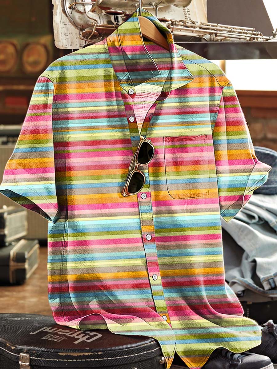 Rainbow Horizontal Stripe Print Casual Short-Sleeve Shirt