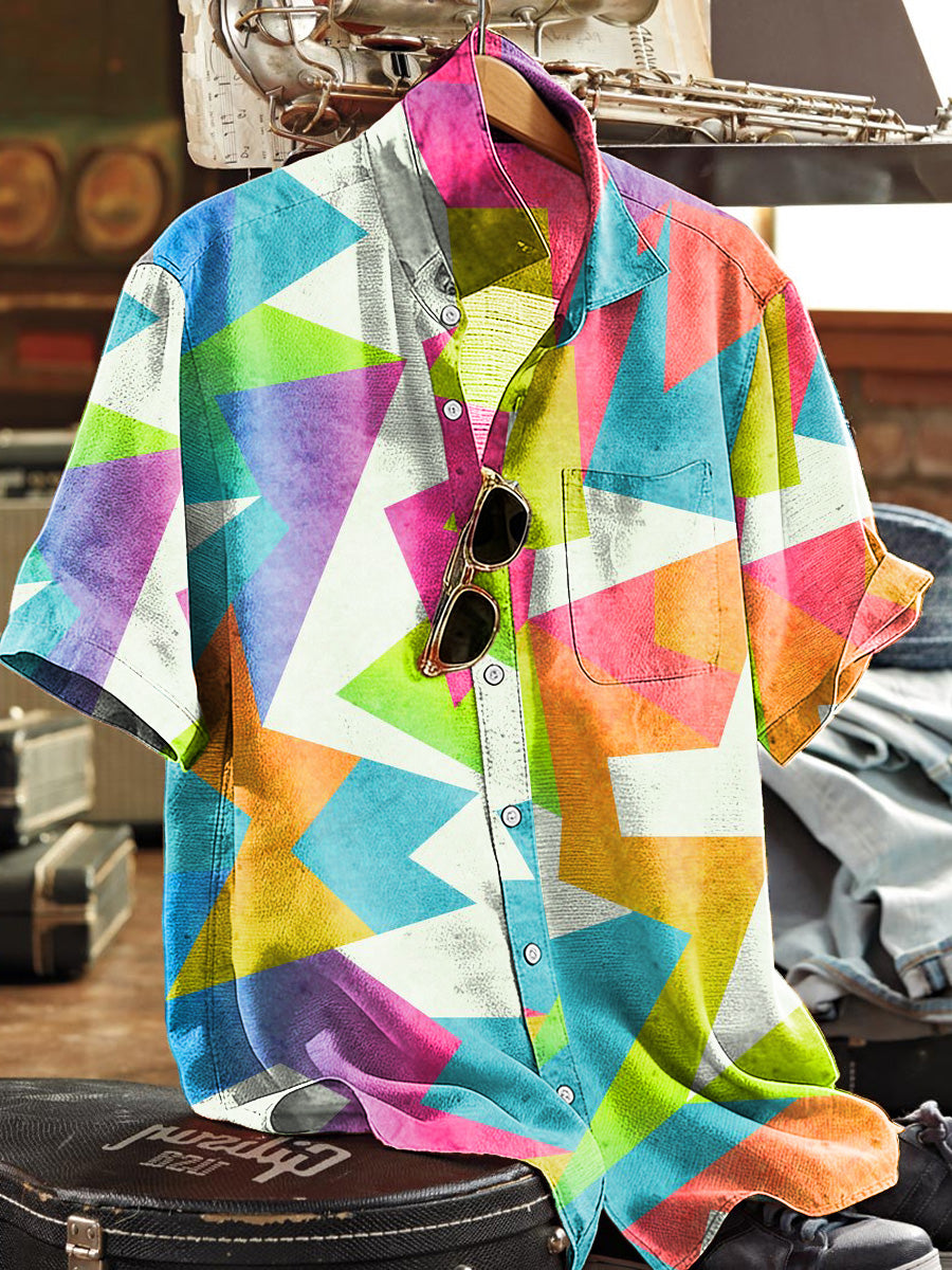 Geometric Color-Block Zigzag Print Casual Short-Sleeve Shirt