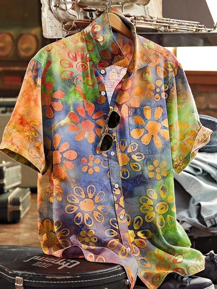 Tie-Dye Floral Print Casual Short-Sleeve Shirt