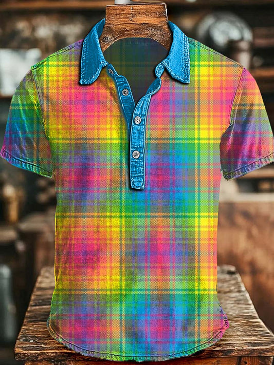 Vibrant Distressed Plaid Print Casual Short-Sleeve Polo Shirt