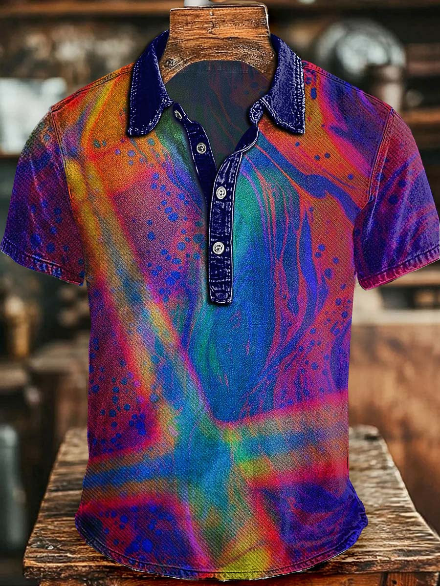 Vibrant Fluid Ink-Splash Print Casual Short-Sleeve Polo Shirt