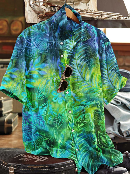 Tropical Palm Leaf Print Casual Short-Sleeve Shirt