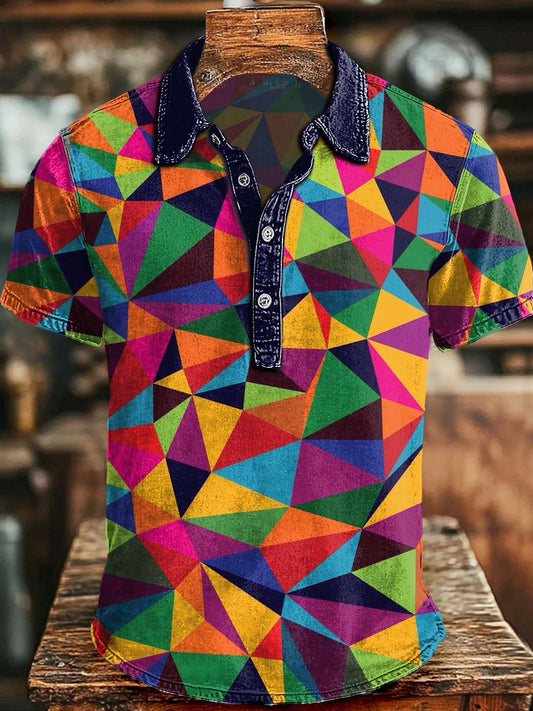 Geometric Triangle Color-Block Print Casual Short-Sleeve Polo Shirt