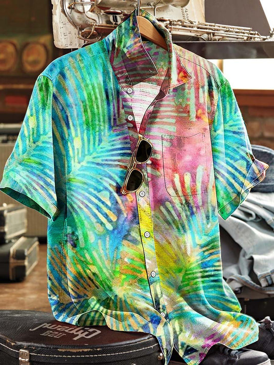 Vibrant Palm Tie-Dye Printed Casual Short-Sleeve Shirt