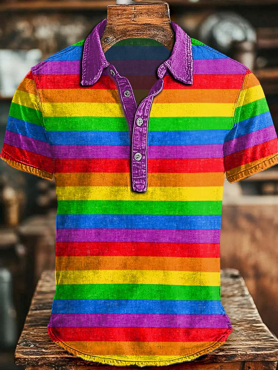 Rainbow Pinstripe Print Casual Short-Sleeve Polo Shirt