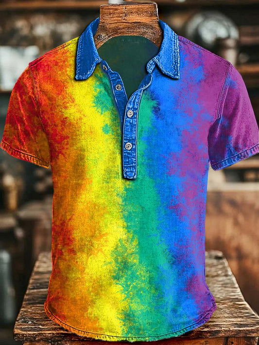 Rainbow Tie-Dye Print Casual Short-Sleeve Polo Shirt