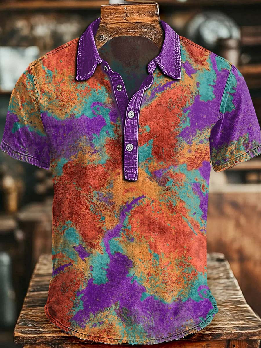 Distressed Tie-Dye Print Casual Short-Sleeve Polo Shirt