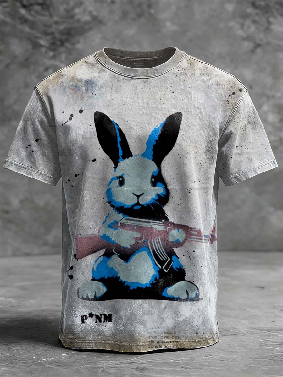 Rabbit with a Gun Graffiti Print Casual Short-Sleeve T-Shirt