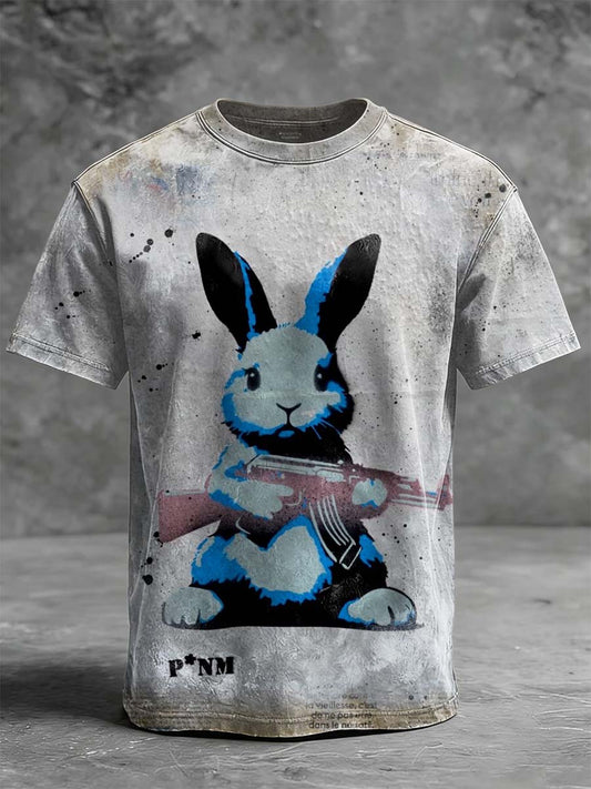 Rabbit with a Gun Graffiti Print Casual Short-Sleeve T-Shirt