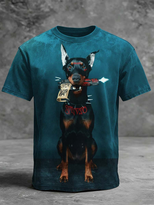 Doberman with a Gun – Printed Casual Short-Sleeve T-Shirt