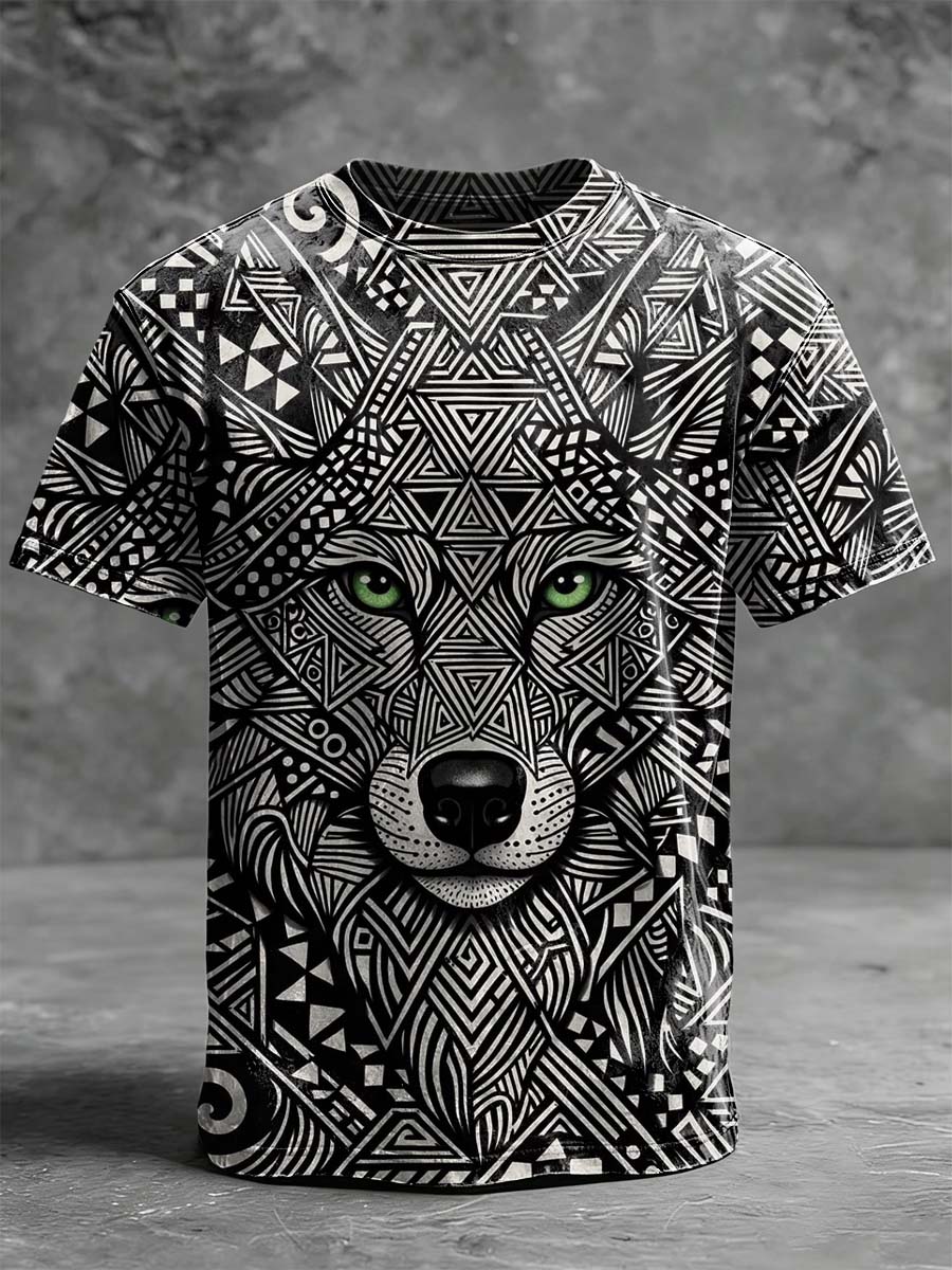 Tribal Wolf Head Print Casual Short-Sleeve T-Shirt