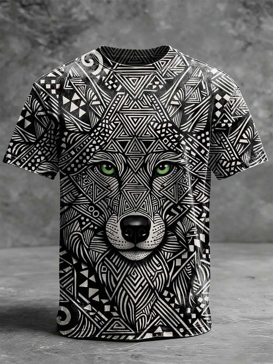 Tribal Wolf Head Print Casual Short-Sleeve T-Shirt