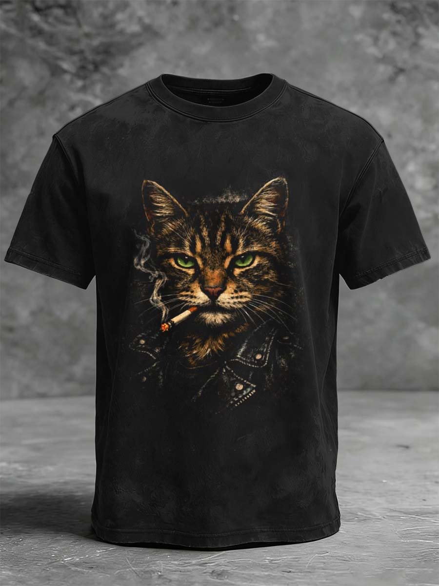 "Biker Cat Smoking" Printed Casual Short-Sleeve T-Shirt