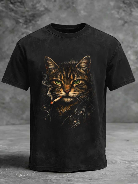 "Biker Cat Smoking" Printed Casual Short-Sleeve T-Shirt