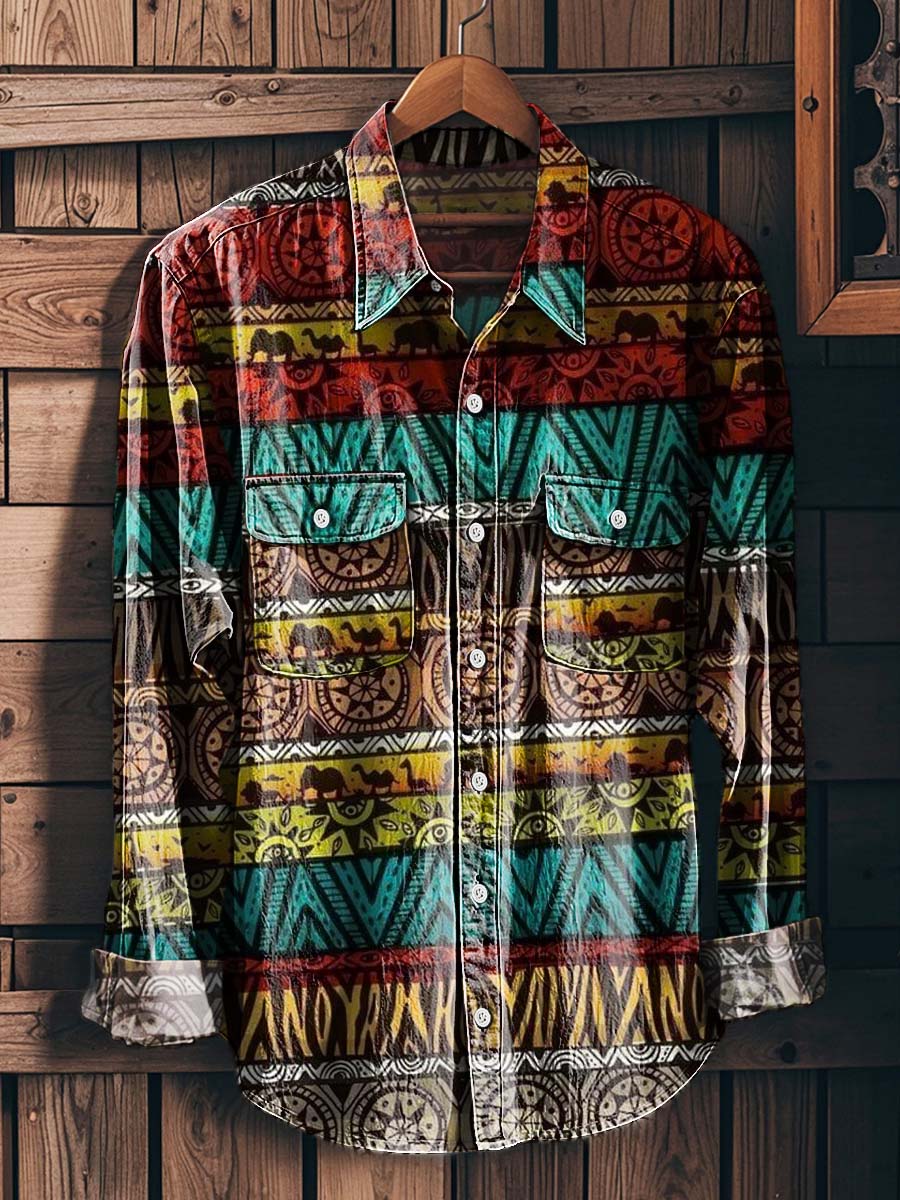 African Totem Striped Print Casual Long-Sleeved Shirt