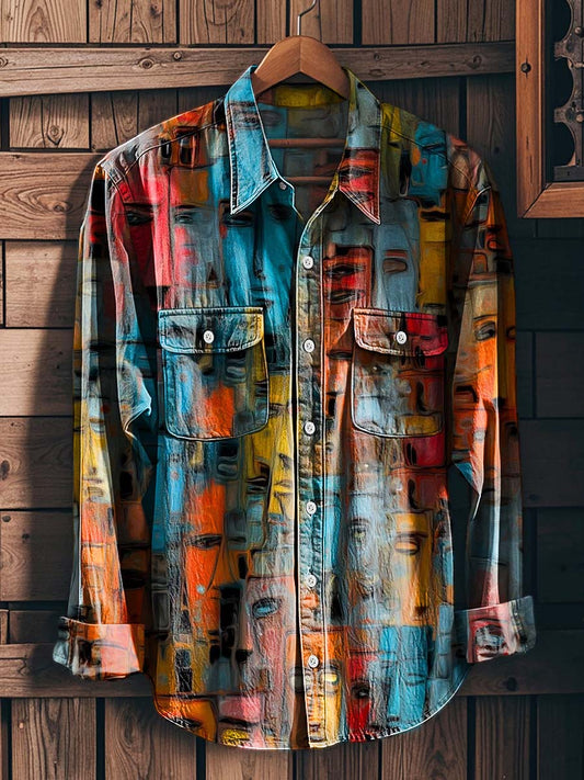 Abstract Face Print Casual Long-Sleeved Shirt