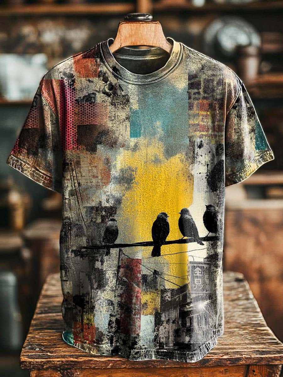 Electric Wire And Bird Print Casual Short-Sleeved T-Shirt