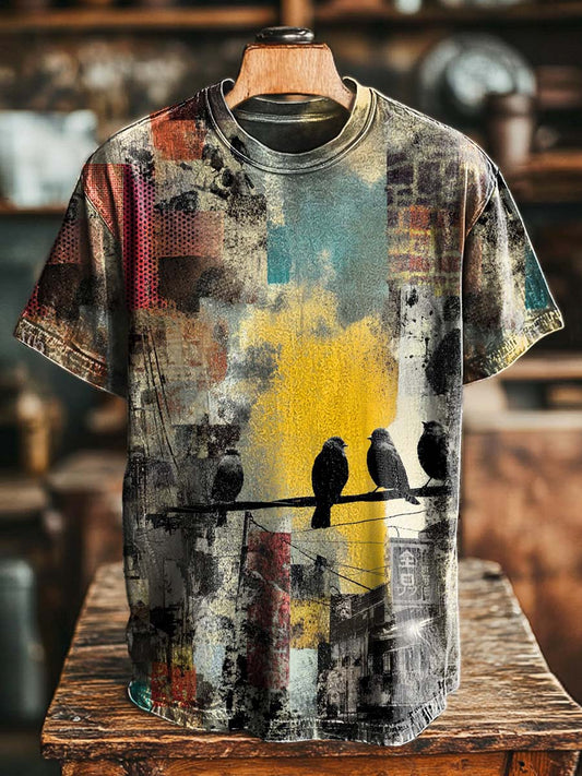 Electric Wire And Bird Print Casual Short-Sleeved T-Shirt