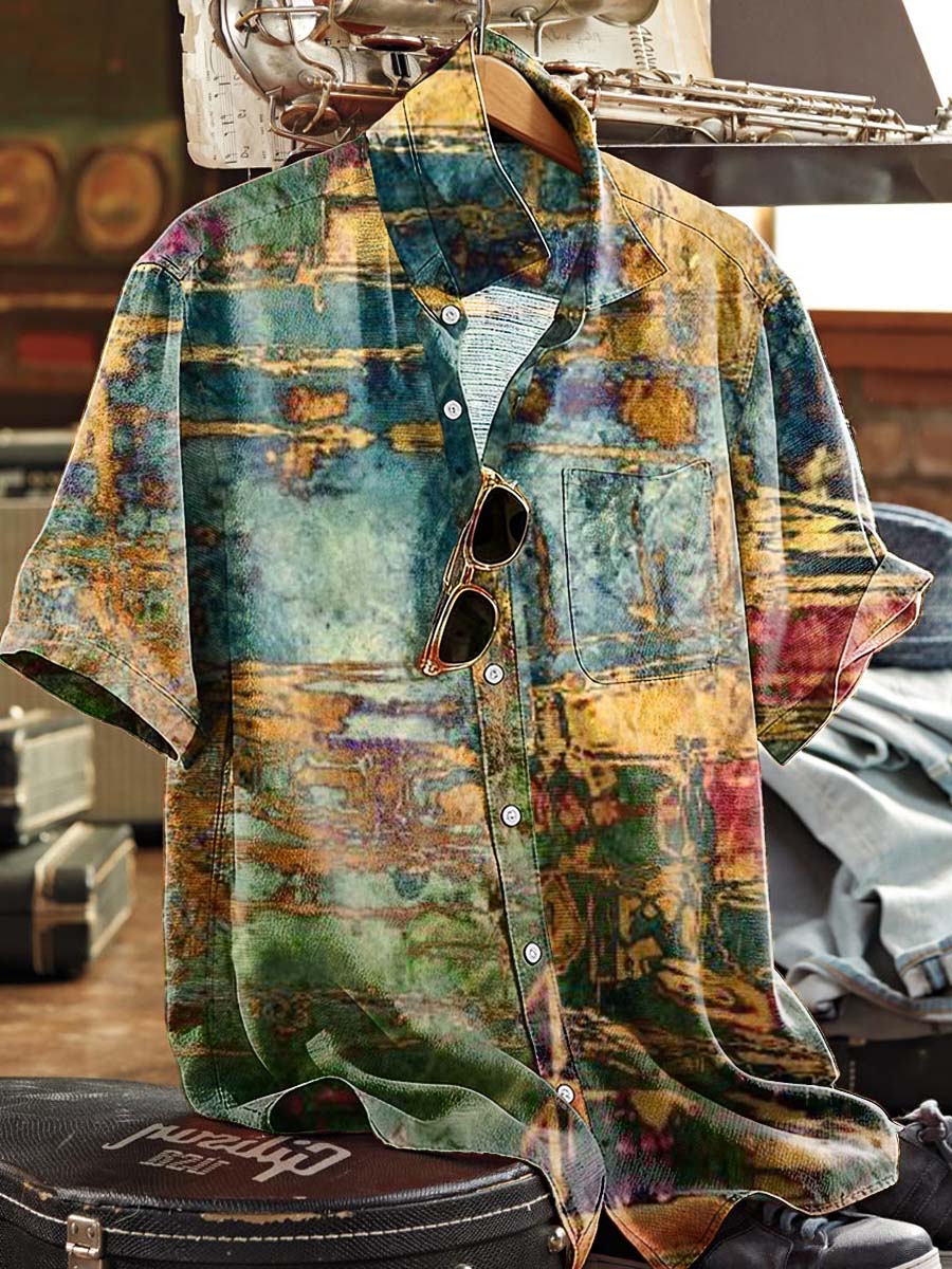 Distressed Oil Painting Print Casual Short-Sleeved Shirt