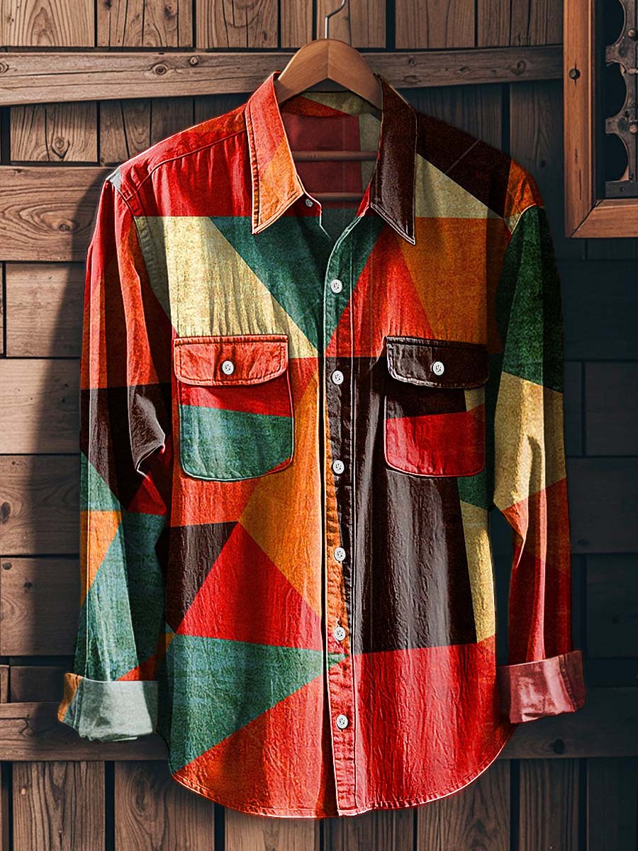 Geometric Color-Blocked Print Casual Long-Sleeved Shirt