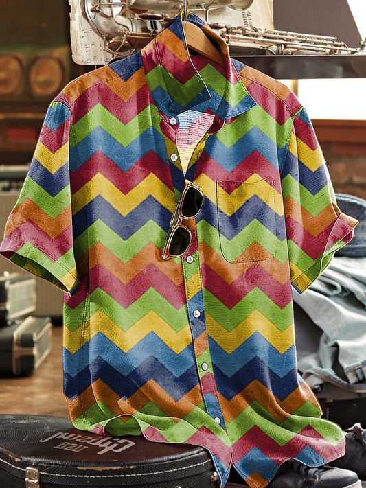 Rainbow Sawtooth Print Casual Short-Sleeved Shirt