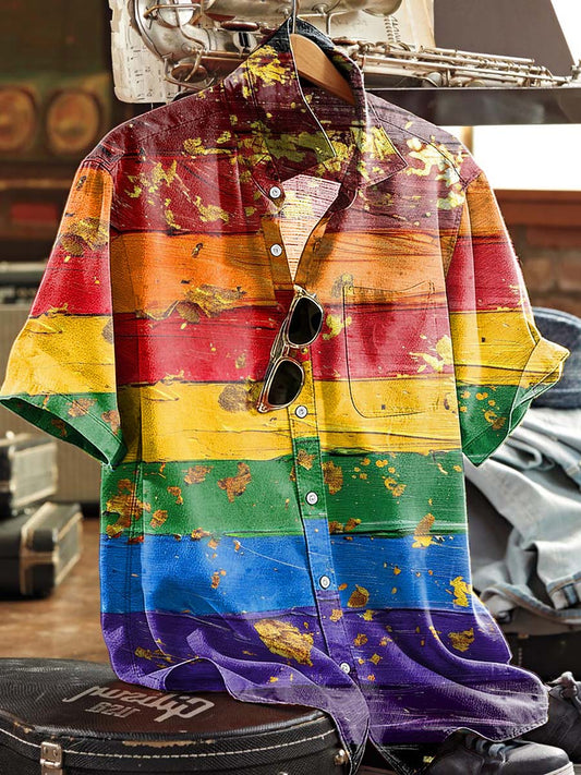 Distressed Rainbow Striped Print Casual Short-Sleeved Shirt